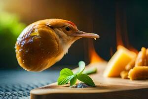 a bird is sitting on top of a wooden cutting board. AI-Generated photo