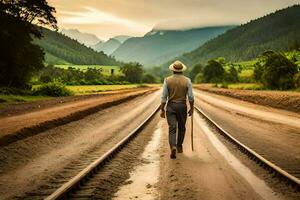 a man walking on the railroad tracks. AI-Generated photo