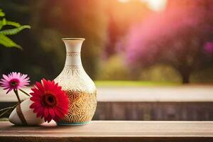 flowers in a vase on a wooden table. AI-Generated photo
