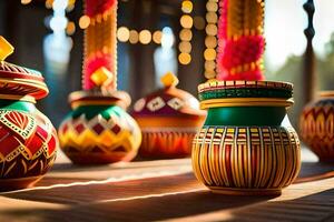 colorful pots and vases are lined up on a table. AI-Generated photo