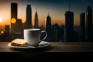 coffee and a slice of bread in front of the city. AI-Generated photo