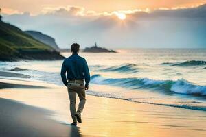 un hombre caminando en el playa a puesta de sol. generado por ai foto