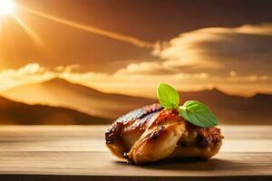 grilled chicken on a wooden table with the sun setting behind it. AI-Generated photo