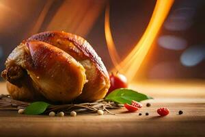 a roasted chicken on a wooden table with fire. AI-Generated photo