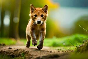 un pequeño rojo perro corriendo en un suciedad camino. generado por ai foto