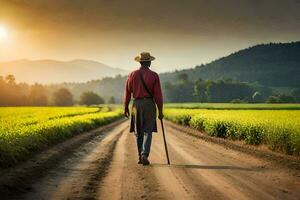 a man walking down a dirt road in a field. AI-Generated photo