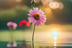 a pink flower is standing in the water. AI-Generated photo