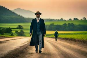 un hombre en un traje y sombrero caminando abajo un suciedad la carretera. generado por ai foto