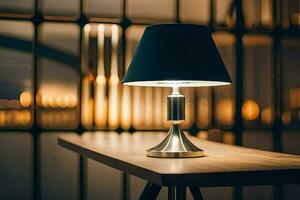 a table lamp on a wooden table in front of a window. AI-Generated photo