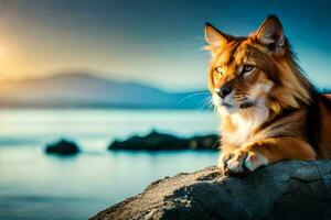 un león sentado en un rock por el agua. generado por ai foto