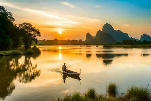 un hombre paletas un barco en un río a puesta de sol. generado por ai foto