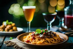 spaghetti with meat sauce and vegetables on a wooden table. AI-Generated photo