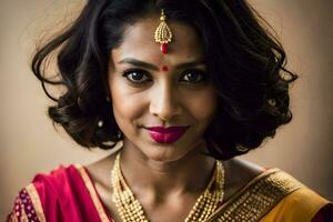 a woman in a sari with gold jewelry. AI-Generated photo