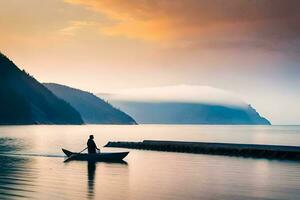 a man in a boat on the water at sunset. AI-Generated photo