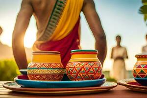 a man in a colorful sari is holding a plate with colorful pots. AI-Generated photo