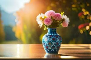 a vase with pink flowers sitting on a table. AI-Generated photo