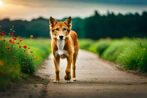un perro caminando a lo largo un la carretera con flores en el antecedentes. generado por ai foto