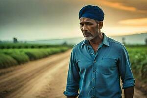 a man in a blue turban stands on a dirt road. AI-Generated photo