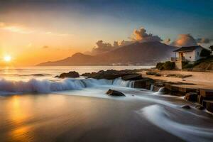 the sun sets over the ocean and waves crashing on the shore. AI-Generated photo
