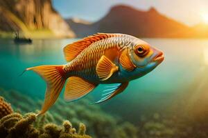 a fish swimming in the ocean with the sun in the background. AI-Generated photo