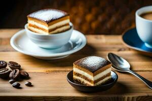 a slice of cake and coffee beans on a wooden table. AI-Generated photo