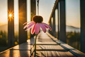 a pink flower is sitting on a wooden bridge. AI-Generated photo