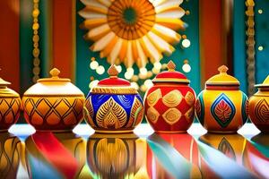 colorful pots and vases lined up on a table. AI-Generated photo