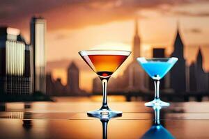 two martinis on a table with a city skyline in the background. AI-Generated photo