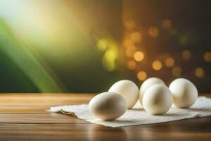 blanco huevos en un mesa con un borroso antecedentes. generado por ai foto