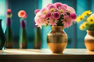 three vases with flowers in them on a table. AI-Generated photo