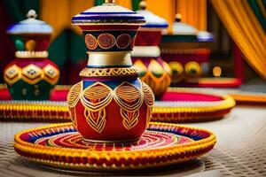 indian wedding decor with colorful vases and plates. AI-Generated photo