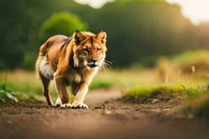 un león caminando en un suciedad la carretera en el medio de un campo. generado por ai foto