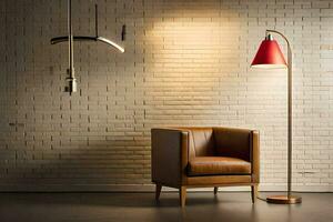 a chair and lamp in front of a brick wall. AI-Generated photo