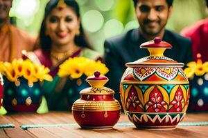 a couple is sitting next to colorful vases. AI-Generated photo