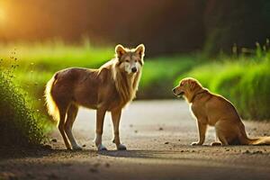 dos perros en pie en un la carretera en el puesta de sol. generado por ai foto