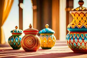 colorful vases on a table with a window in the background. AI-Generated photo