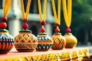 colorful pots hanging from a string on a table. AI-Generated photo