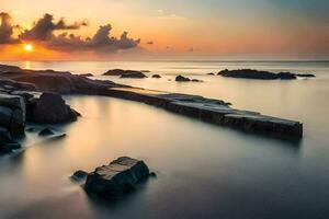 the sun sets over the ocean in this long exposure photograph. AI-Generated photo
