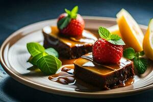 a plate topped with chocolate cake, strawberries and a slice of fruit. AI-Generated photo