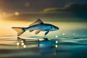 un pescado es nadando en el agua a puesta de sol. generado por ai foto