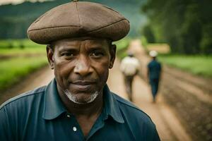 a man wearing a hat on a dirt road. AI-Generated photo