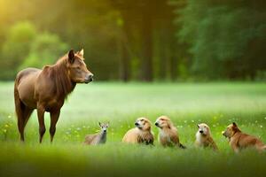 a horse and her puppies in a field. AI-Generated photo