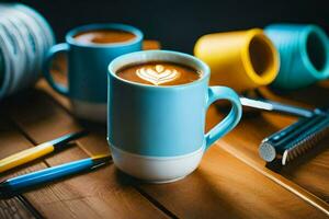 two cups of coffee with a latte art design. AI-Generated photo