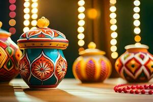 colorful decorative pots on a table with lights. AI-Generated photo