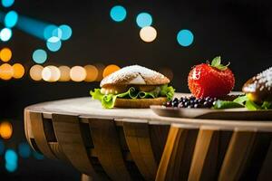 two hamburgers and a strawberry on a wooden table. AI-Generated photo