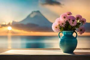 photo wallpaper the sky, flowers, mountains, sea, flowers, the sea, flowers, mountains. AI-Generated