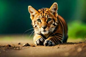 a tiger cub is walking on the ground. AI-Generated photo