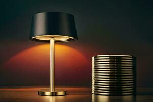 a table lamp with a black shade and a gold base. AI-Generated photo