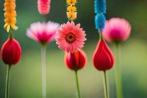 colorful flowers are hanging from a string. AI-Generated photo