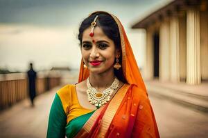 a beautiful indian woman in an orange and green sari. AI-Generated photo